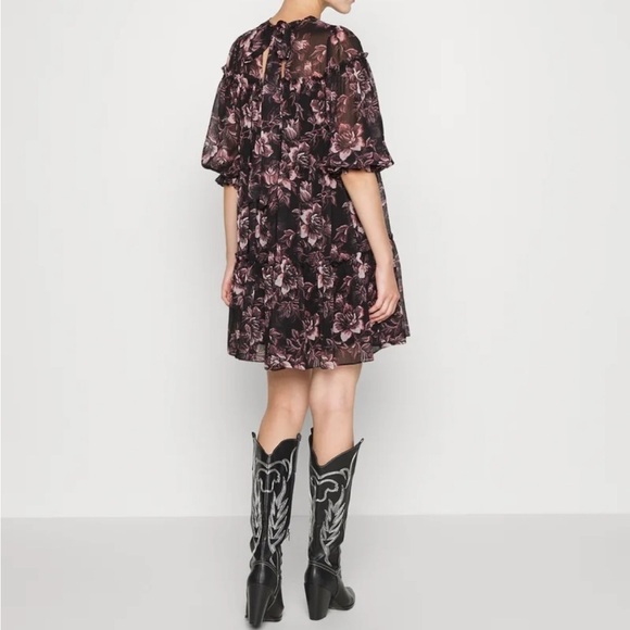 Ted Baker Mini Dress Size 8 Barnabe Black Floral Tiered Flounce Boho 3/4 Sleeves - Picture 2 of 9
